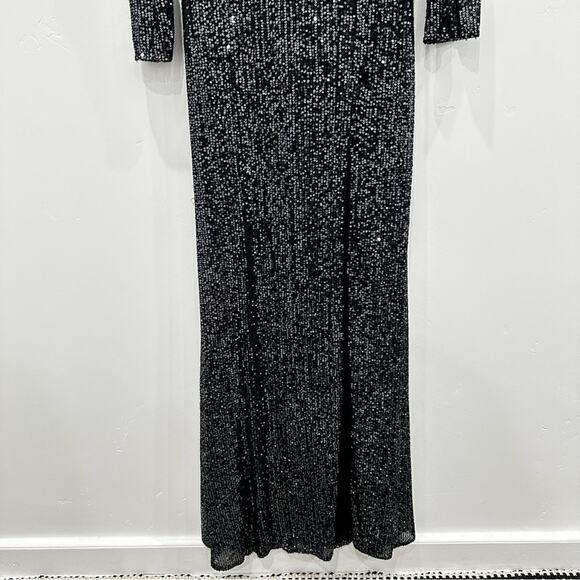 NWT Leena Mac Duggal Metallic Sequin High Neck Long Sleeve Gown. Graphite - Picture 6 of 11